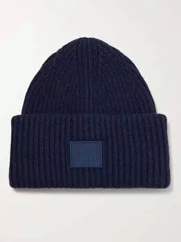 Шерстяная шапка в рубчик с аппликацией логотипа ACNE STUDIOS, нави