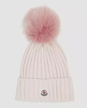 Шерстяная шапка в рубчик с меховым помпоном Moncler, цвет Light Pink