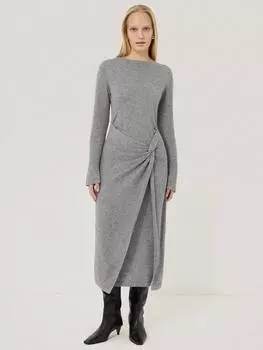 Шерстяное богатое платье с узловым поясом Jigsaw, серый