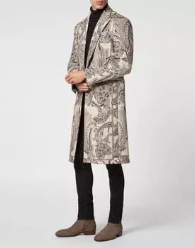 Шерстяное длинное пальто с узором пейсли-платок Philipp Plein, бежевый