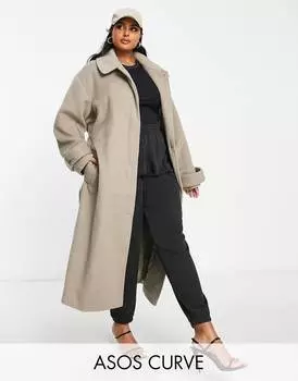 Шерстяное пальто бойфренда с начесом грибного цвета ASOS DESIGN Curve