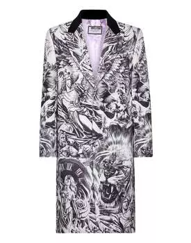 Шерстяное пальто длинное тату PHILIPP PLEIN, серый