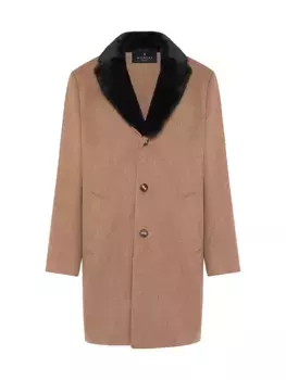 Шерстяное пальто для коляски с отделкой из овчины Gorski, цвет camel