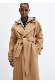 Шерстяное пальто макси с лацканами Mango, коричневый