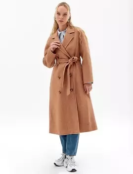 Шерстяное пальто премиум-класса с рукавами реглан и поясом, светло-коричневое Kayra