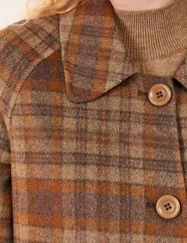 Шерстяное пальто премиум-класса в клетку на пуговицах с широким воротником светло-коричневого цвета Kayra