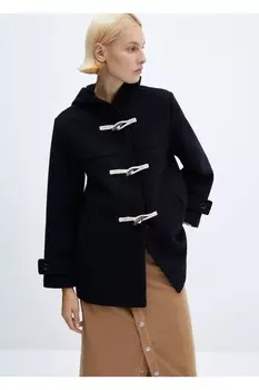 Шерстяное пальто с капюшоном Mango, темно-синий