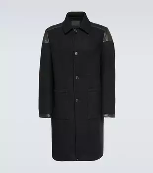 Шерстяное пальто с кожаной отделкой Prada, черный