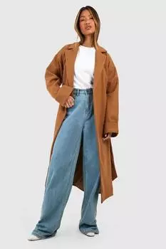 Шерстяное пальто с манжетами и поясом boohoo, бежевый