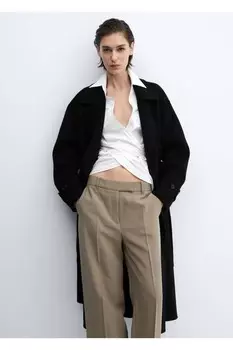 Шерстяное пальто с поясом Mango, черный