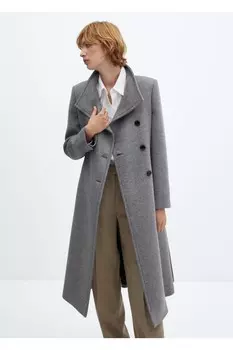 Шерстяное пальто с поясом Mango, серый