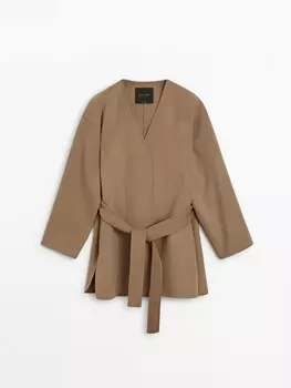 Шерстяное пальто с поясом Massimo Dutti, коричневый
