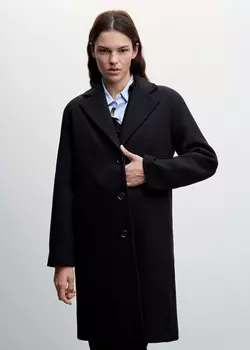 Шерстяное пальто с пуговицами MANGO, черный