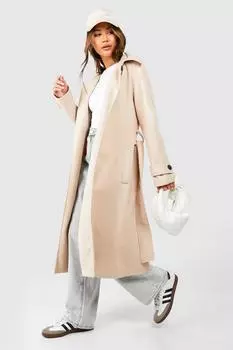 Шерстяное пальто с воротником и поясом boohoo, бежевый