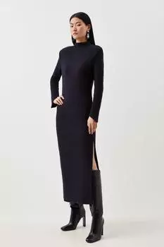 Шерстяное трикотажное платье миди с воротником-воронкой Karen Millen, темно-синий