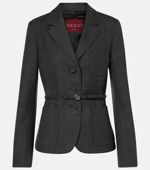 Шерстяной блейзер в стиле гризайль с поясом с двойной буквой G Gucci, цвет medium grey