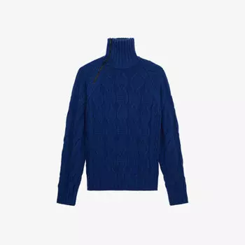 Шерстяной джемпер косой вязки с воротником-воронкой The Kooples, темно-синий