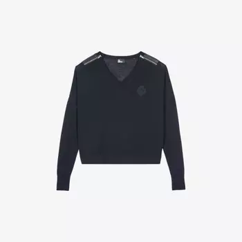 Шерстяной джемпер с вышитым мотивом и V-образным вырезом The Kooples, черный