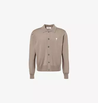 Шерстяной кардиган прямого кроя с круглой горловиной и фирменной вышивкой Ami Paris, цвет cendre