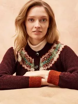Шерстяной кардиган с кокеткой Brora Fairisle, бордо