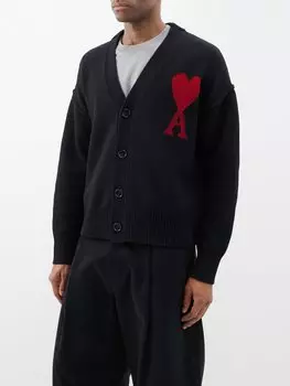 Шерстяной кардиган с логотипом ami de cur AMI, черный