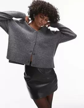 Шерстяной кардиган с v-образным вырезом и объемными рукавами серого цвета & Other Stories