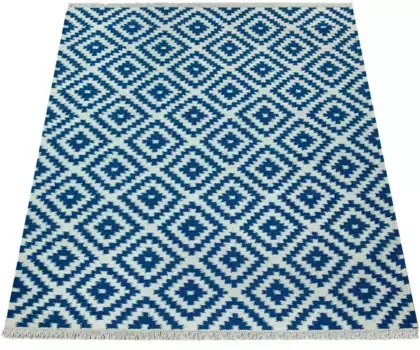 Шерстяной ковер Paco Home "Kenitra 500", прямоугольный, плоского плетения, чистая шерсть, ручная работа, ромбовидный узор, с бахромой 240х340 см, синий/белый