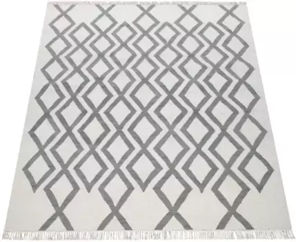 Шерстяной ковер Paco Home "Kenitra 502", прямоугольный, плоского плетения, чистая шерсть, ручная работа, ромбовидный узор, с бахромой 160х230 см, серый