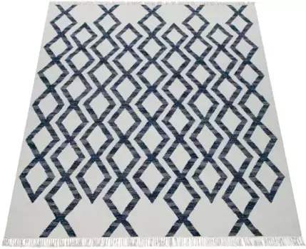 Шерстяной ковер Paco Home "Kenitra 502", прямоугольный, плоского плетения, чистая шерсть, ручная работа, ромбовидный узор, с бахромой 120х170 см, синий