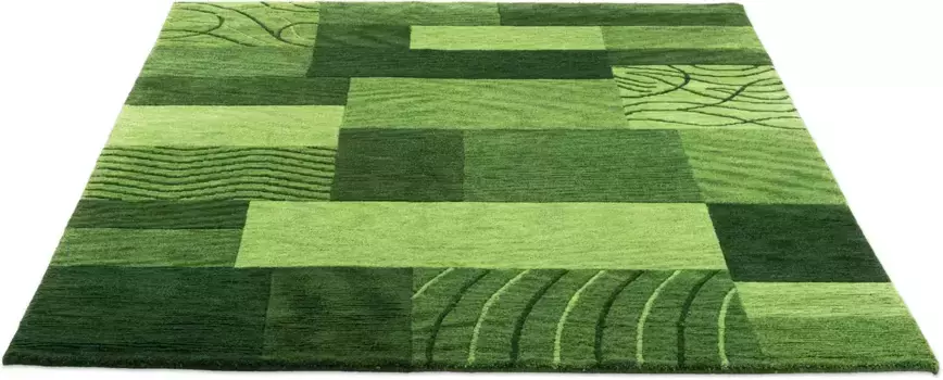 Шерстяной ковер THEKO "Royal Domas 4028", прямоугольный, короткий ворс, чистая шерсть, ручная прошивка, современный лоскутный дизайн 70х140 см, зеленый
