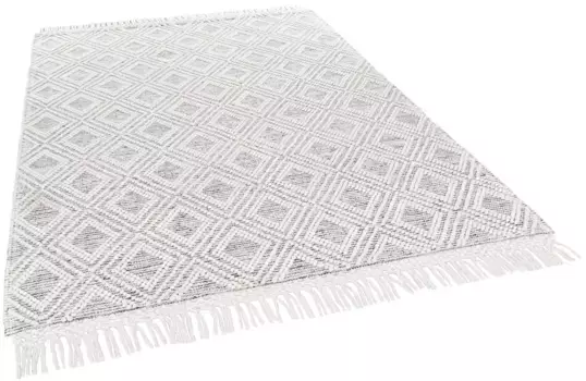 Шерстяной ковер THEKO "Visby - 702", прямоугольный, ковер ручной работы, чистая шерсть, ручная работа, ромбовидный узор, с бахромой 90х160 см, цвет wollwei