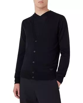 Шерстяной однотонный приталенный кардиган Armani с V-образным вырезом Emporio Armani, синий