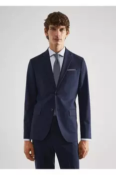 Шерстяной пиджак приталенного кроя в клетку Mango, темно-синий