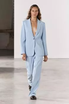 Шерстяной прямой пиджак ZARA, светло-синий