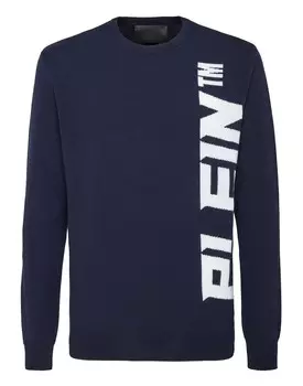 Шерстяной пуловер с круглым вырезом LS Philipp Plein, темно-синий