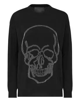 Шерстяной пуловер с круглым вырезом LS PHILIPP PLEIN, черный