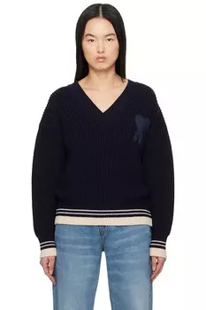 Шерстяной ребристый свитер с V-образным вырезом Ami Paris, синий