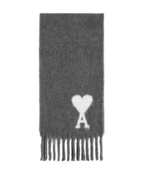 Шерстяной шарф с монограммой и бахромой по краю Ami Paris, серый