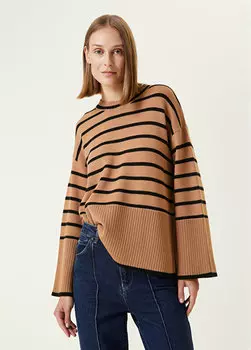 Шерстяной свитер оверсайз светло-коричневого цвета в полоску с круглым вырезом Beymen
