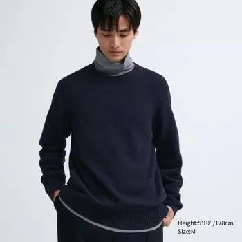 Шерстяной свитер премиум-класса с круглым вырезом UNIQLO, темно-синий