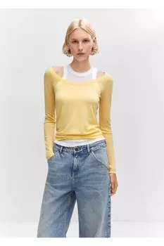 Шерстяной свитер с глубоким вырезом Mango, желтый