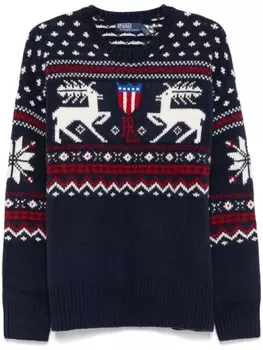Шерстяной свитер с рисунком оленей от Polo Ralph Lauren, синий
