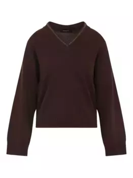 Шерстяной свитер с V-образным вырезом и отделкой Fabiana Filippi, коричневый
