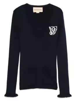Шерстяной свитер с V-образным вырезом и оборками VALENTINO GARAVANI, синий