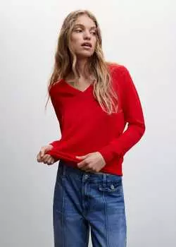 Шерстяной свитер с V-образным вырезом MANGO, красный