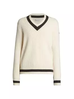 Шерстяной свитер с V-образным вырезом Moncler, белый