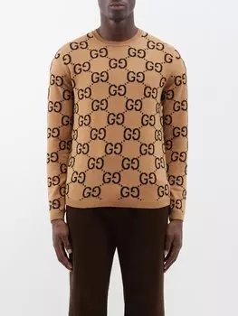 Шерстяной свитер с жаккардовым узором gg Gucci, бежевый