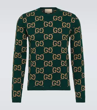 Шерстяной свитер с жаккардовым узором GG Gucci, зеленый
