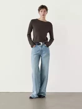 Шерстяной свитер тонкой вязки с отделкой Massimo Dutti, коричневый