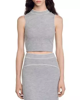 Шерстяной трикотажный укороченный топ Sandro Orion, серый